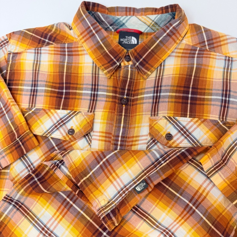 The North Face Mens Large Plaid Short Sleeve Button Up Shirt Orange Yellow Brown